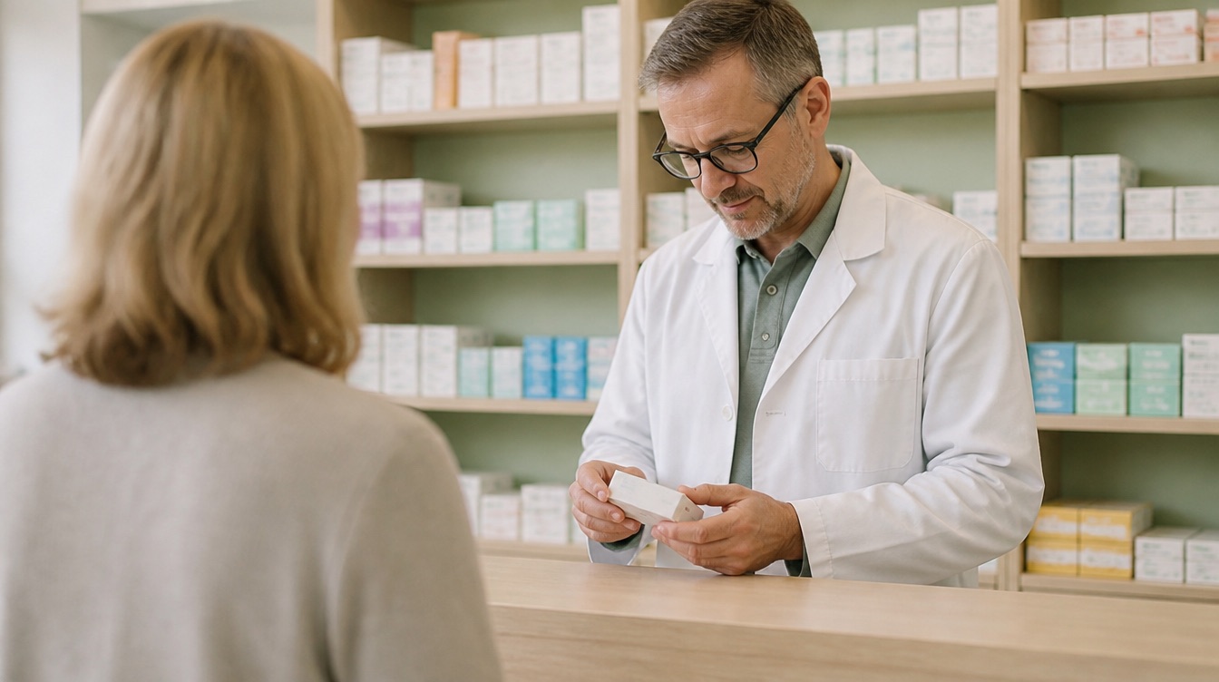 Apotheker berät am HV-Tisch einer deutschen Apotheke